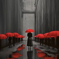Woman and other figures with red umbrellas