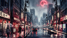 Das regnerische Tokio unter dem Neonmond von my pixel art