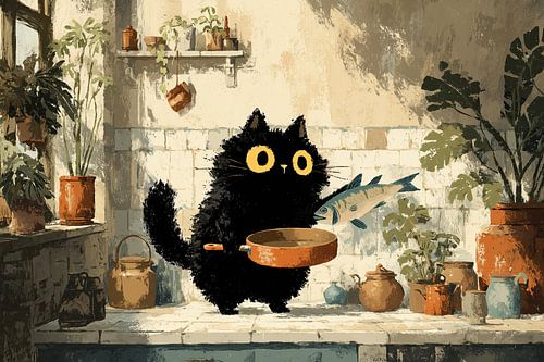 Zwarte kat met koekenpan in de keuken