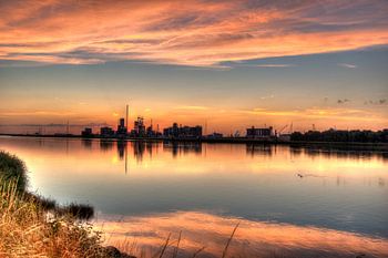 Sundown in Antwerp harbor