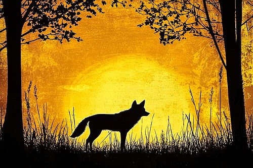 Wolf silhouet met zonsondergang