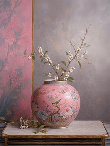 Japandi-Stillleben aus rosa chinesischem Porzellan mit einem Zweig und weißen Beeren