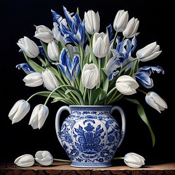 Nature morte à la poterie bleue de Delft et aux tulipes sur Vlindertuin Art