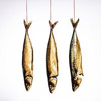 Drie makrelen hangen aan keukentouw