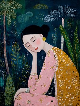 Dromerig vrouwenportret in een nachtelijke botanische tuin