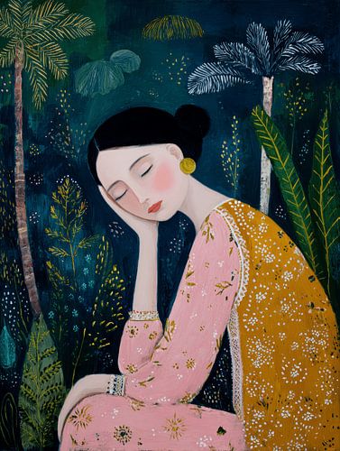 Verträumtes Frauenporträt in einem nächtlichen botanischen Garten von Atelier Pink Blossom