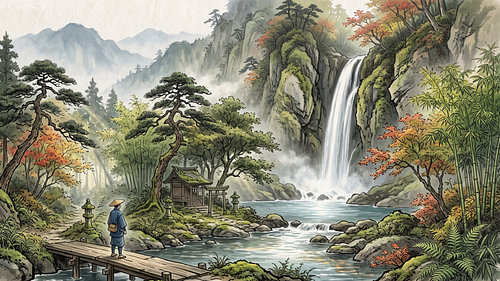 Japanese Waterfall Shrine Serenity