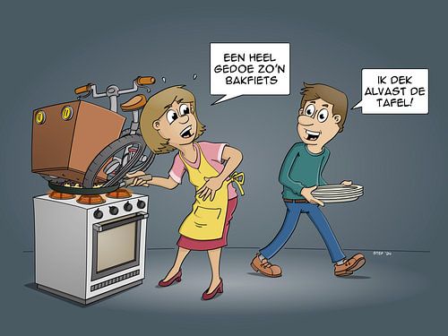 Cartoon; een heel gedoe zo'n bakfiets