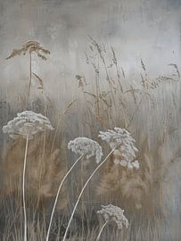 Abstract landscape with large umbel flowers in Japandi style. by Japandi Art Studio