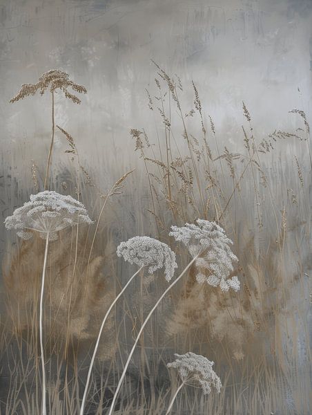 Paysage abstrait avec de grandes ombelles de fleurs dans le style japonais. par Japandi Art Studio