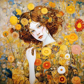 Vrouwenportret Zomer bloemen van Vlindertuin Art