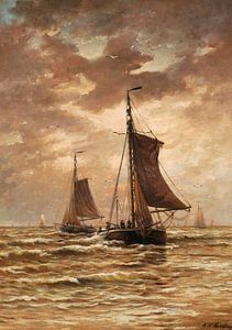 Marinescène met vissersboten op een rustige zee, Hendrik Willem Mesdag