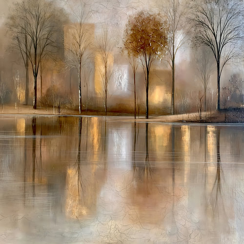 Taupe Goud Landschap Schilderij: Bomen die Zich Spiegelen in het Meer