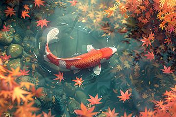 Japanse koi karper in vijver met bladeren in herfst van Egon Zitter