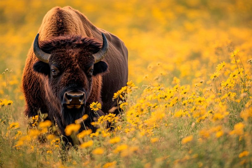 Bison im Blumenfeld von Poster Art Shop