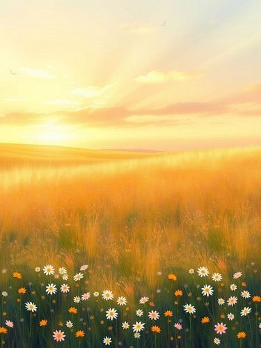 Gouden weide zonsopgang: Een sereen landschap met wilde bloemen en vogels in de verte