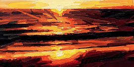 „Trockenes Wasser“: abstrakt-impressionistischer Meerblick bei Abendrot von Dirk van der Ven
