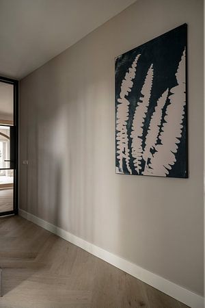 Fern leaves in beige on teal. Modern botanical art.