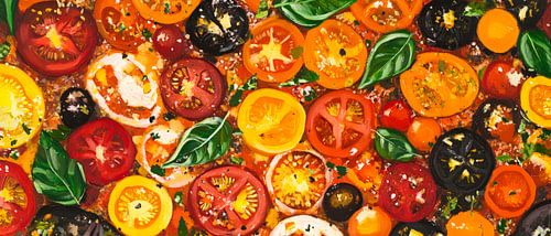 Kleurrijke tomatenselectie met verse kruiden