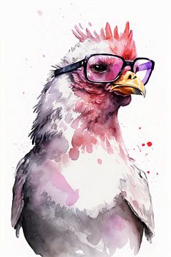 Charmantes Huhn mit Pinker Sonnenbrille und Wasserfarben von Felix Brönnimann