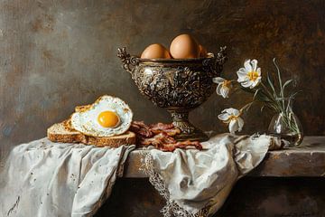 Stilleven met ceremonieel vat, ei en bloemen van Klaus Tesching - Art-AI