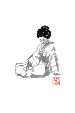 geisha en waaier van Péchane Sumie