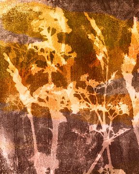 Modern abstract botanical. Flowers and grasses in gold and warm brown by Dina Dankers