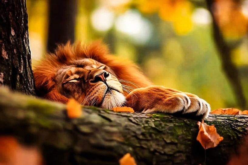 Slapende leeuw in herfstkleuren van Imperial Art House