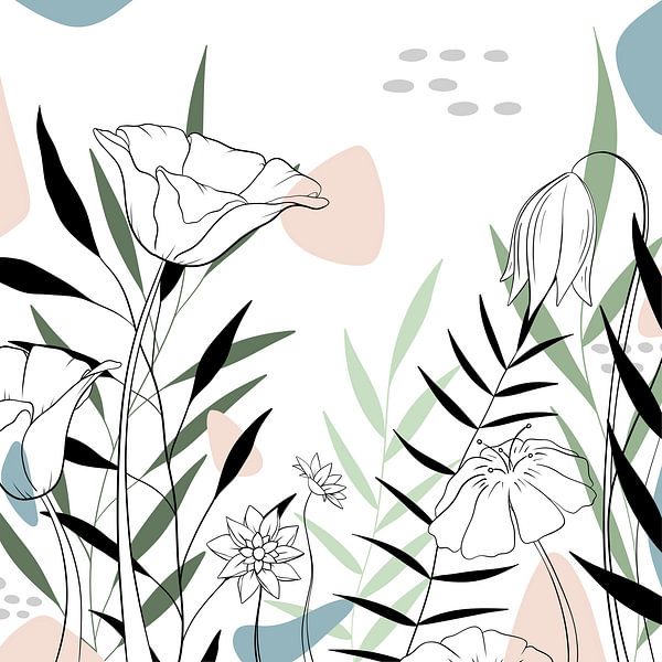 Moderne Bloemen illustratie - Blauw Groen Roze - Tropisch van Studio Hinte