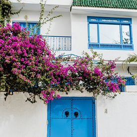 Blaue Tür mit rosa Blumen von Anouk Wubs
