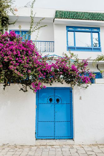 Blaue Tür mit rosa Blumen