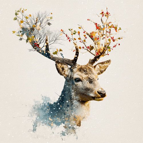 Deer in Natural Transformation Winter and Autumn in Antlers