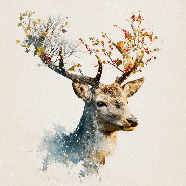 Deer in Natural Transformation Winter and Autumn in Antlers by Eva Lee