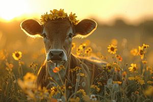 Vache avec couronne de fleurs au coucher du soleil - Photographie enchanteresse pour les amoureux de la nature et des animaux sur Felix Brönnimann