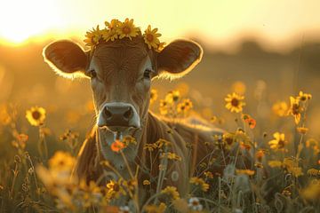 Kuh mit Blumenkranz im Sonnenuntergang - Bezaubernde Fotografie für Natur- und Tierliebhaber von Felix Brönnimann