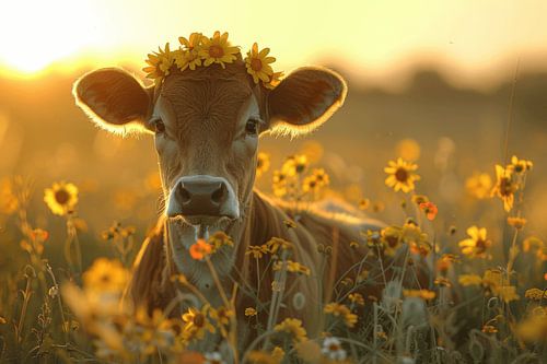 Koe met bloemenkrans in de ondergaande zon - Betoverende fotografie voor natuur- en dierenliefhebbers