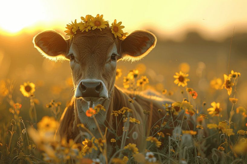 Cow with wreath of flowers in the sunset - Enchanting photography for nature and animal lovers by Poster Art Shop