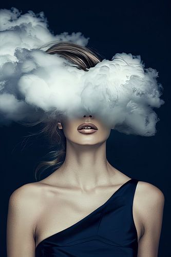 vrouw met hoofd in de wolken