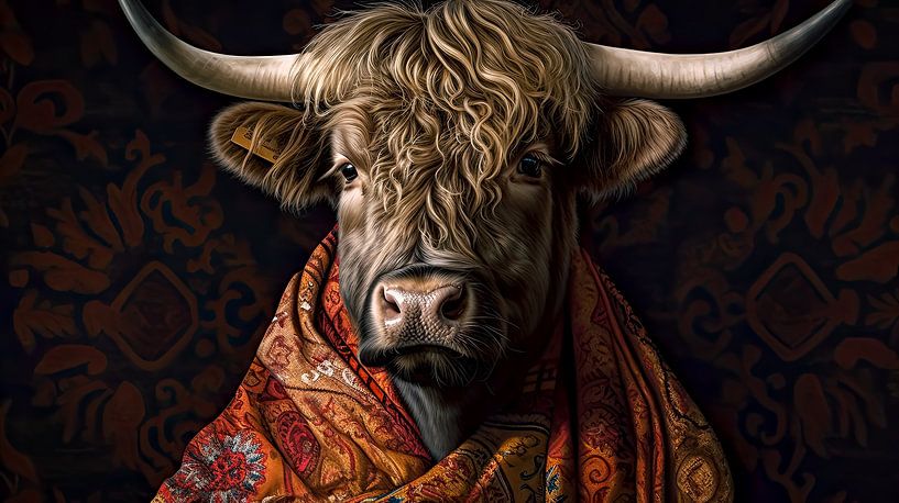 Animal portrait Scottish highlander in wool blanket by Vlindertuin-Art