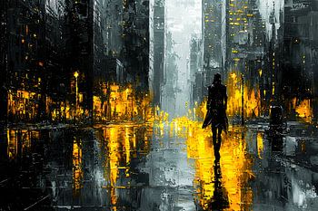 Verregnete Stadt mit Laternen