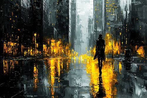 Regenachtige stad met lantaarns