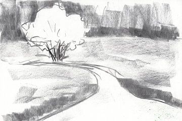 Route sinueuse et arbres Dessin au fusain sur Karen Kaspar