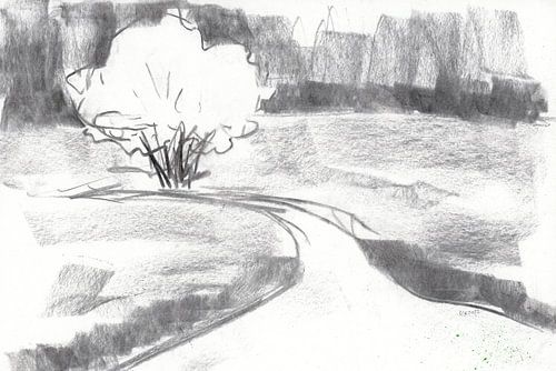 Route sinueuse et arbres Dessin au fusain