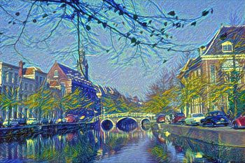 Rapenburg Leiden mit Nonnenbrug und Academiegebouw im Van-Gogh-Stil