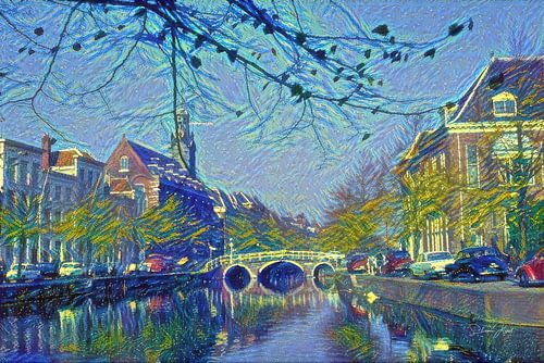 Rapenburg Leiden avec Nonnenbrug et Academiegebouw dans le style de Van Gogh