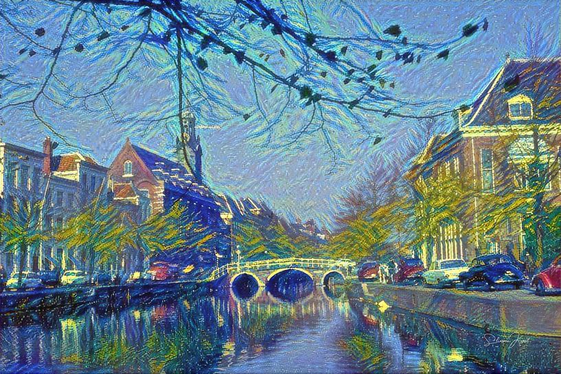 Rapenburg Leiden met Nonnenbrug en Academiegebouw in stijl Van Gogh van Slimme Kunst.nl