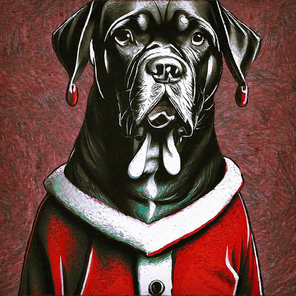 Zwarte hond in kerstoutfit (kunst, in de stijl van Vincent van Gogh) van Art by Jeronimo