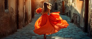 Dansende vrouw in rode jurk van Poster Art Shop