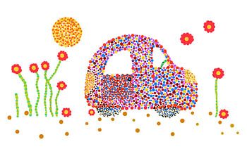 Voiture-jouet dans le style du mouvement pointilliste