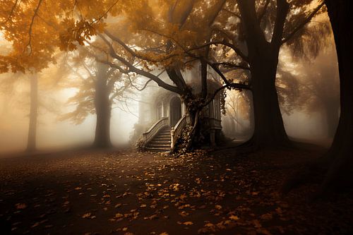 The abandoned tea house surrounded by autumn colours.